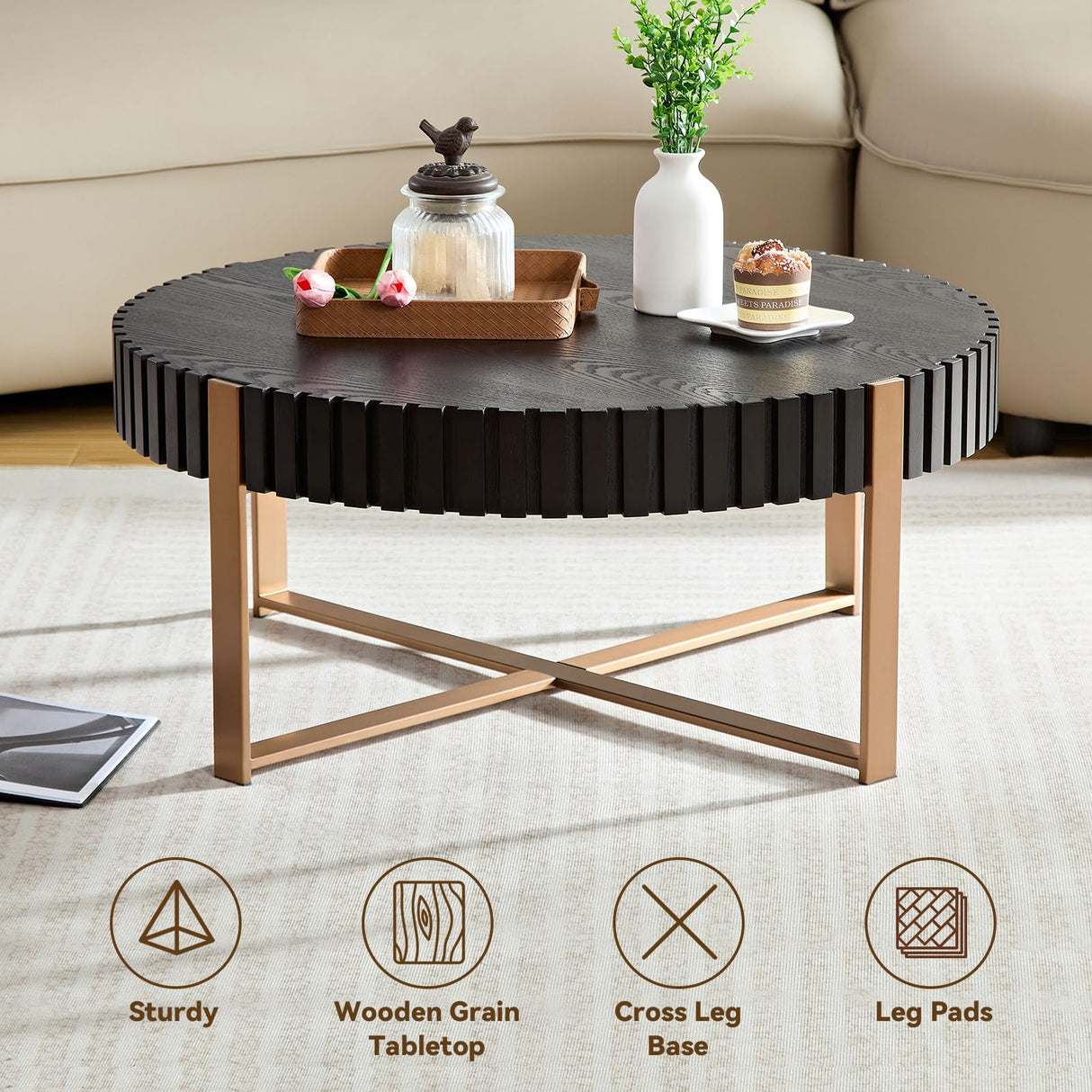 LKTART 31.5'' Round Coffee Table Modern Solid Wood Handcraft Drum Wooden Felief Coffee Table Stainless Steel Legs Sturdy Pedestal Tea Table for Living Room Apartment Small Space,Black LKTART