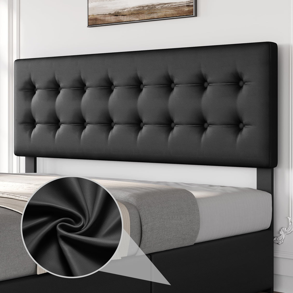 GarveeHome King Size Bed Frame with 4 Storage Drawers and Faux Leather Upholstered Headboard, Wooden Slats Support, Button Tufted Design, No Box Spring Needed, Black GarveeHome
