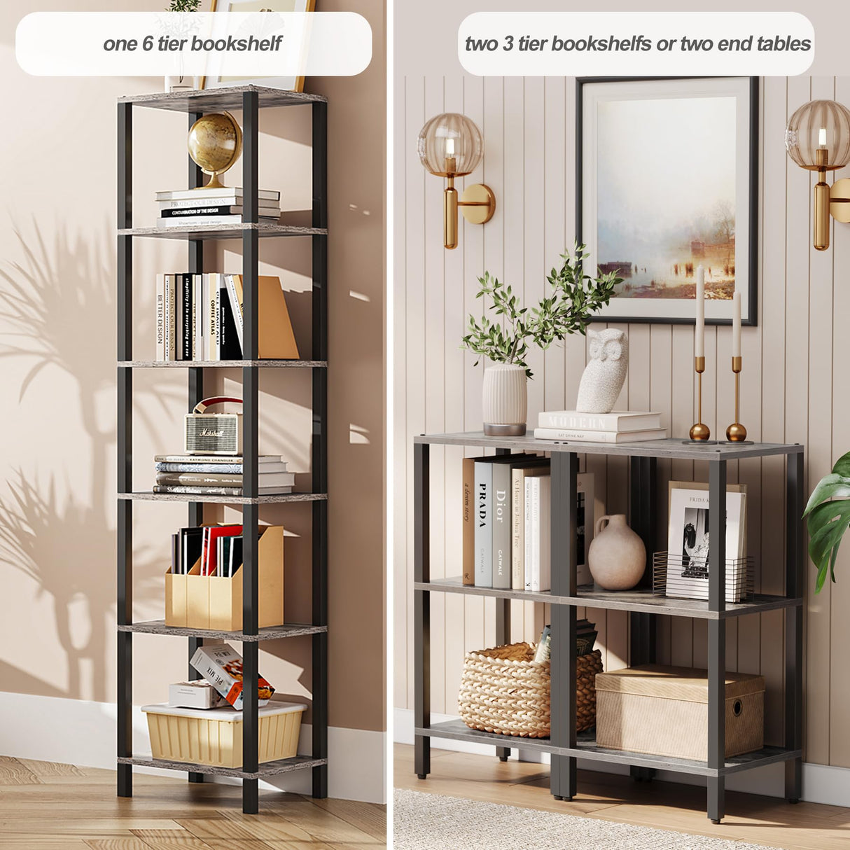 TUTOTAK Bookshelf, 6-Tier Tall Book Shelf, Narrow Bookcase for Small Space, DIY Stackable Bookshelf, for Living Room, Office, Study, Entryway, Industrial, Greige and Black BS01BG006 TUTOTAK