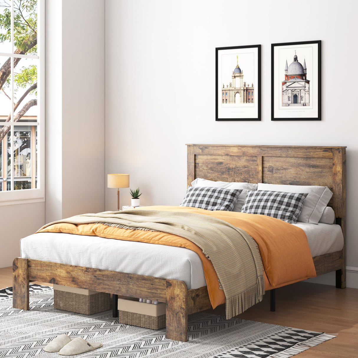 GJQN Full Size Bed Frame with Headboard, Rustic Wood Platform Bed Frame with 12 Wooden Slats Support, No Box Spring Needed, Noise Free (Dark Brown, Full) GJQN