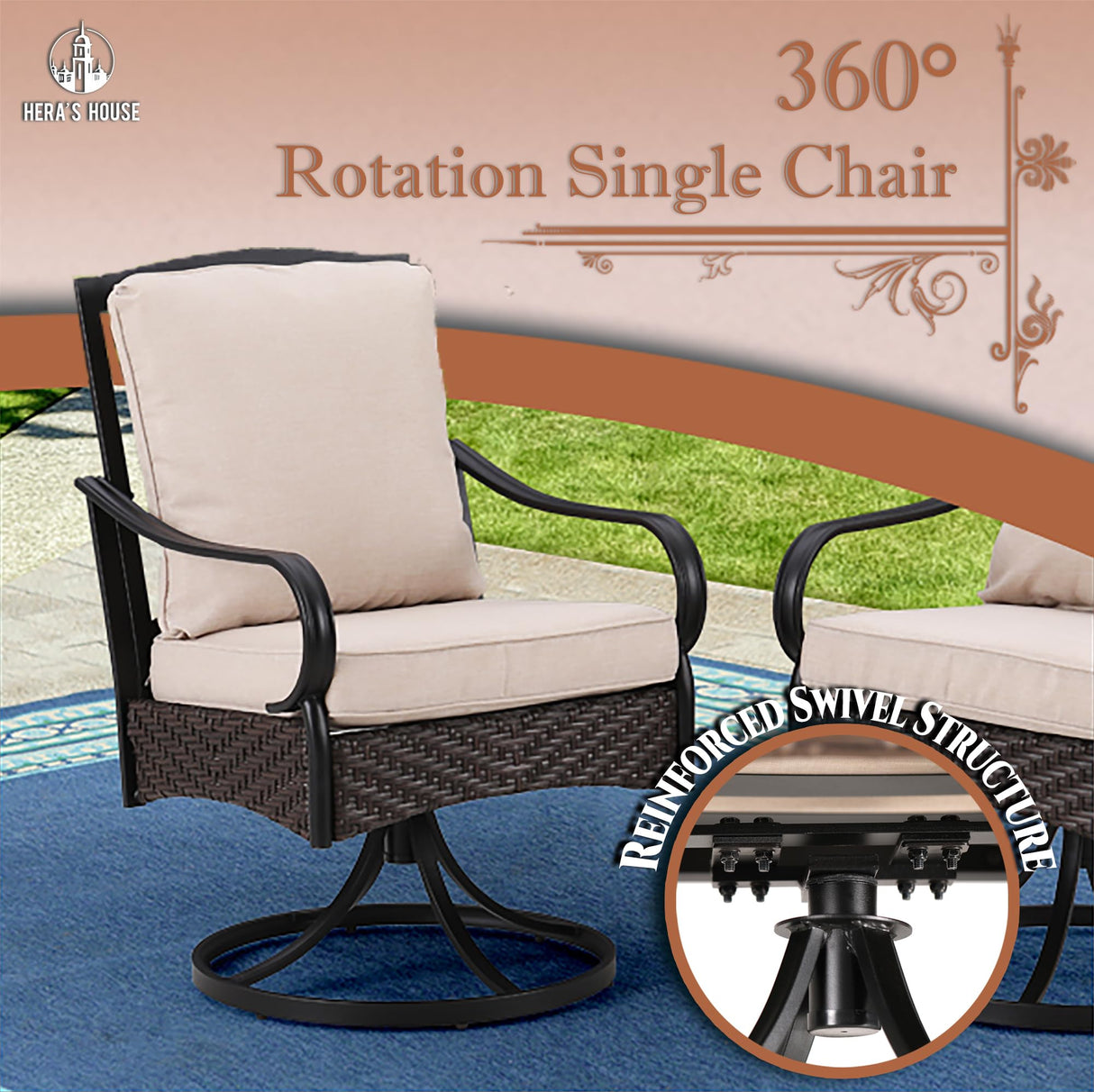 HERA'S HOUSE 7 Pieces Patio Dining Sets, 6 x Swivel Dining Chairs with Removable Cushions, 1 x Rectangular Wood-Like Dining Table, Outdoor Furniture Set for Patio Lawn Garden Porch HERA'S HOUSE