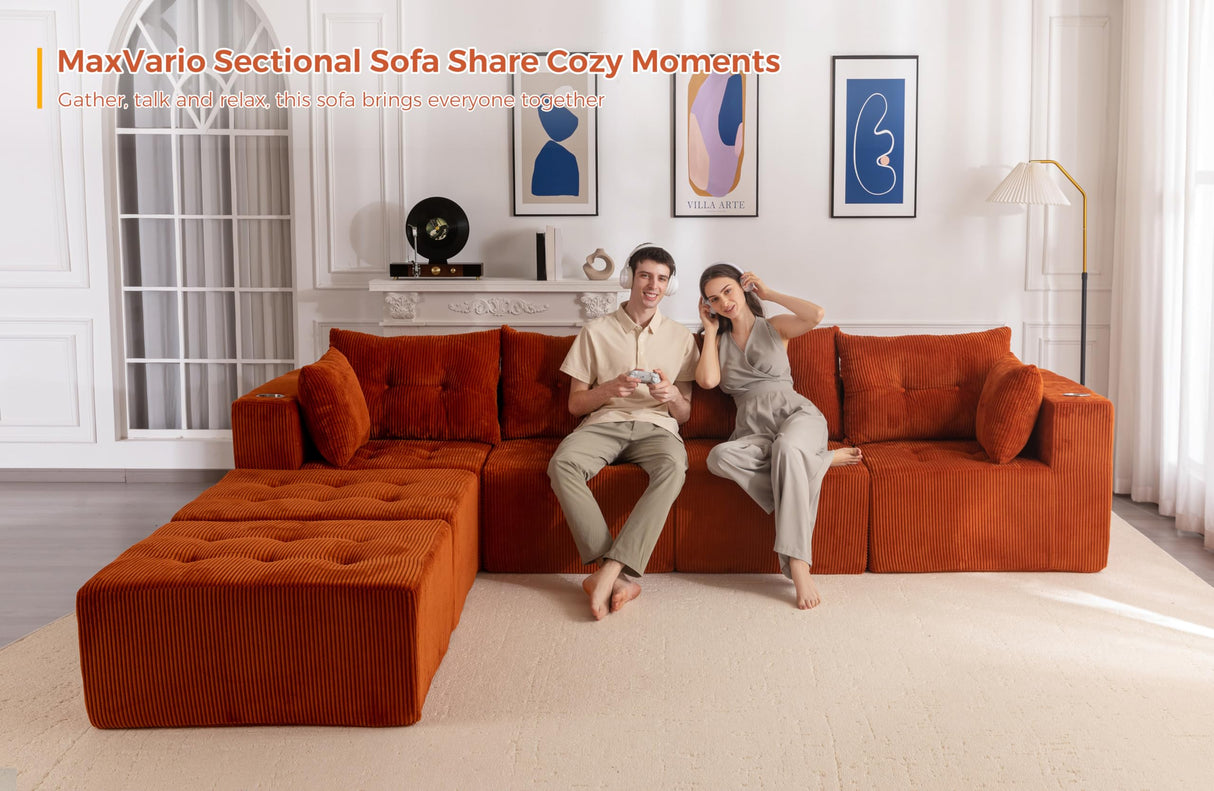 MAXYOYO Modular Sectional Sofa Couch, U Shaped Modern Cloud Couch with 2 Ottomans, Sofa in A Box, Tufted 6-Seat Boneless Sleeper Chair for Living Room, No Assembly Required, Orange MAXYOYO