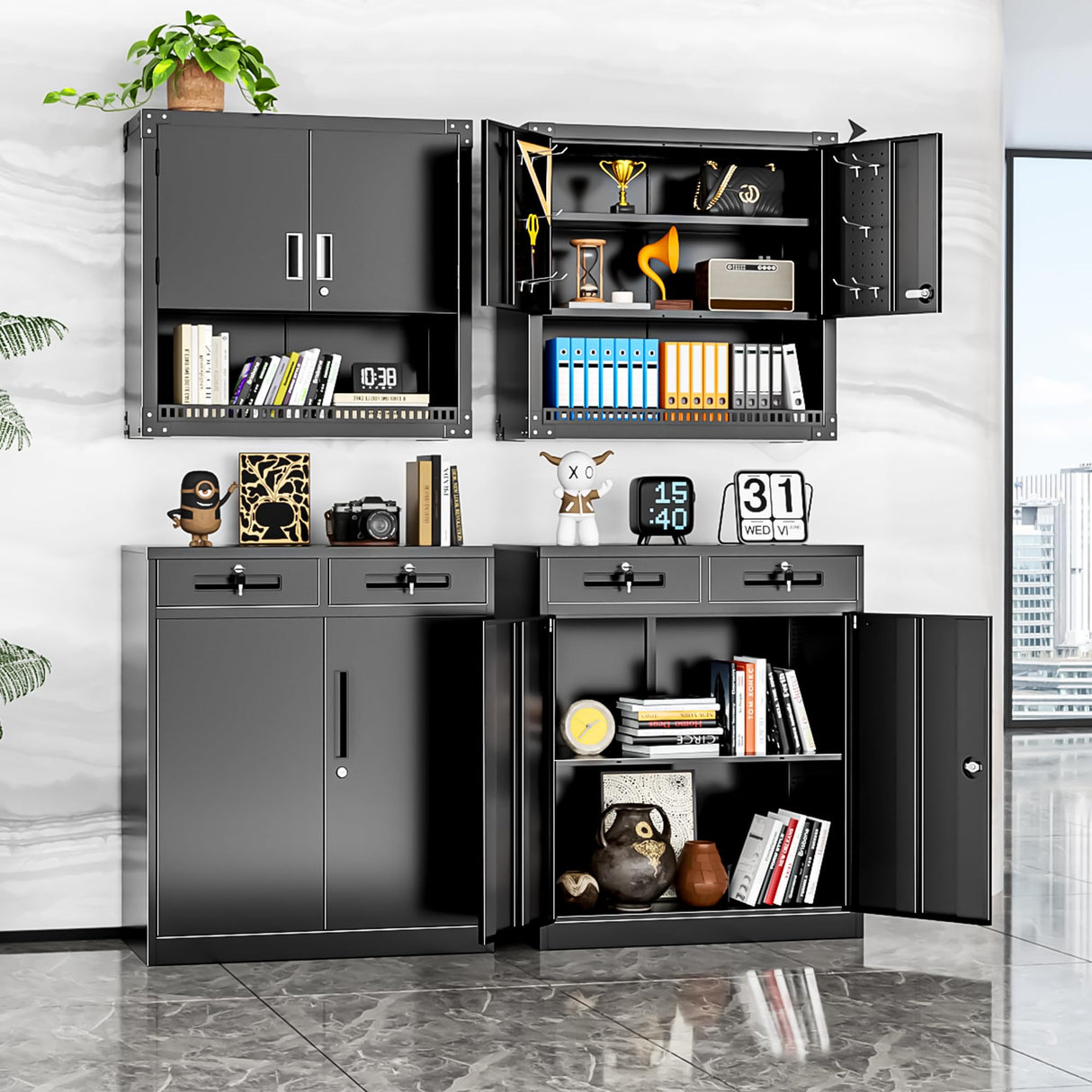 INTERGREAT Metal Storage Cabinet with Drawers, 36" Black Locking Steel Garage Cabinet with 2 Doors and Adjustable Shelves, Lockable File Cabinets for Garage, School, Home Office, Classroom INTERGREAT