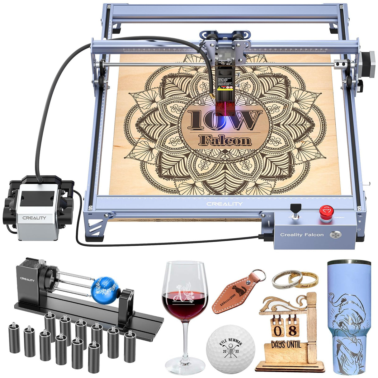 Creality Falcon Pro Laser Engraver 10W 3-in-1 Rotary Roller Kit for Glass Tumbler Ring, 72W Efficient Laser Engraving Machine, 10W Laser Cutter, CNC Machine for Wood, Metal,Paper, Acrylic, Leather Creality
