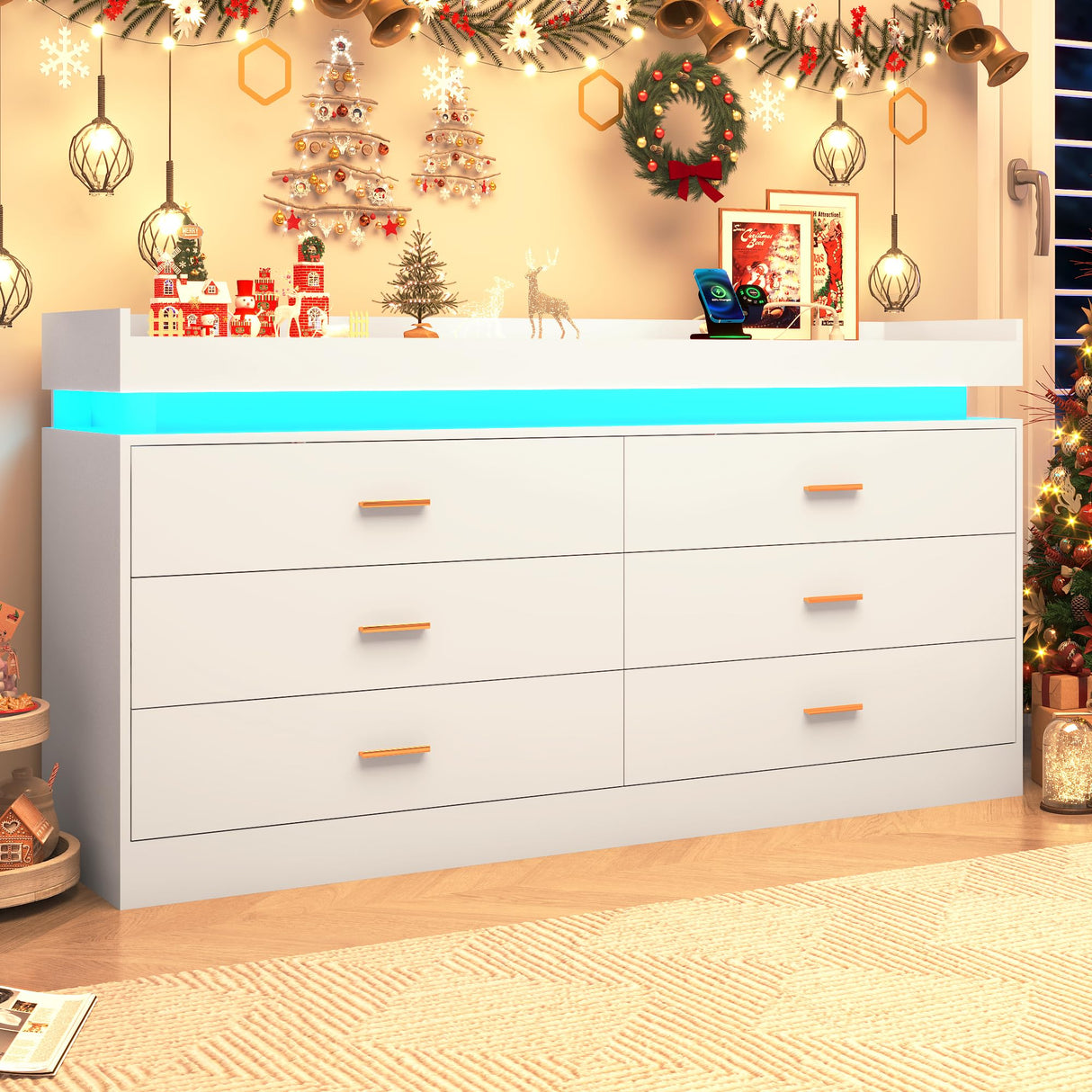 Hlivelood 6 Drawer Dresser with LED Light and Charging Station, 59" Modern Chest of Drawers for Closet, Wide Drawer Organizer Cabinet for Bedroom, Living Room, Entryway, Hallway, White Hlivelood
