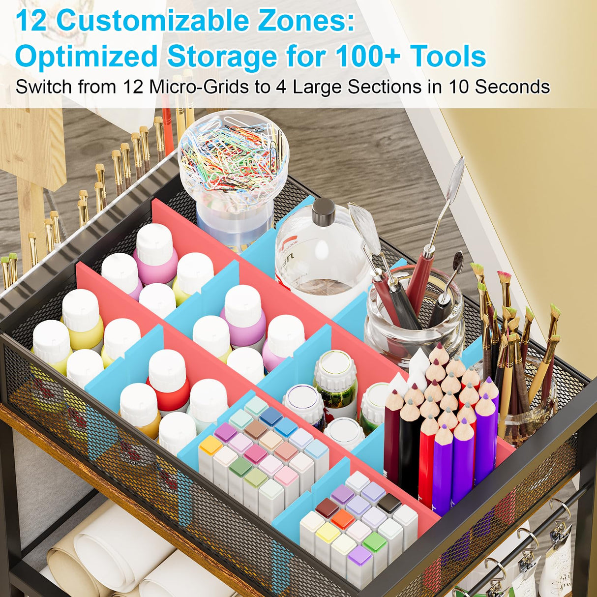 3 Tier Rolling Craft Cart & Art Cart | Side Partitioned Paint Brush Holder | Art Supply Storage Organizer with Wheels | Rolling Storage Cart for Standing Desk, Drawing & Craft Room, DIY Workshop,Gift Eyteenokk