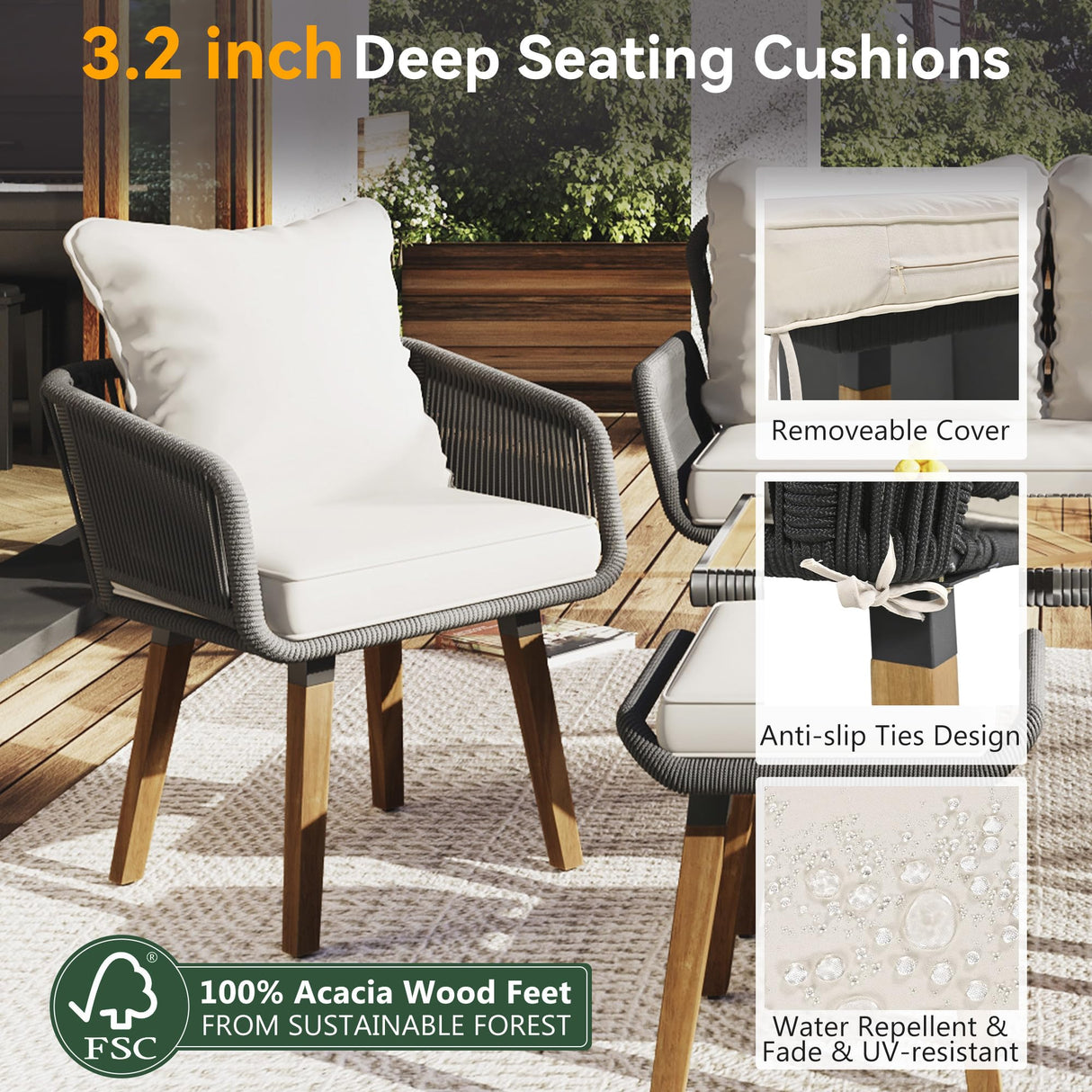 LZ LEISURE ZONE 6-Piece Beige Patio Conversation Set with Acacia Wood Cool Bar Table and Rope Weaving Chairs LZ LEISURE ZONE