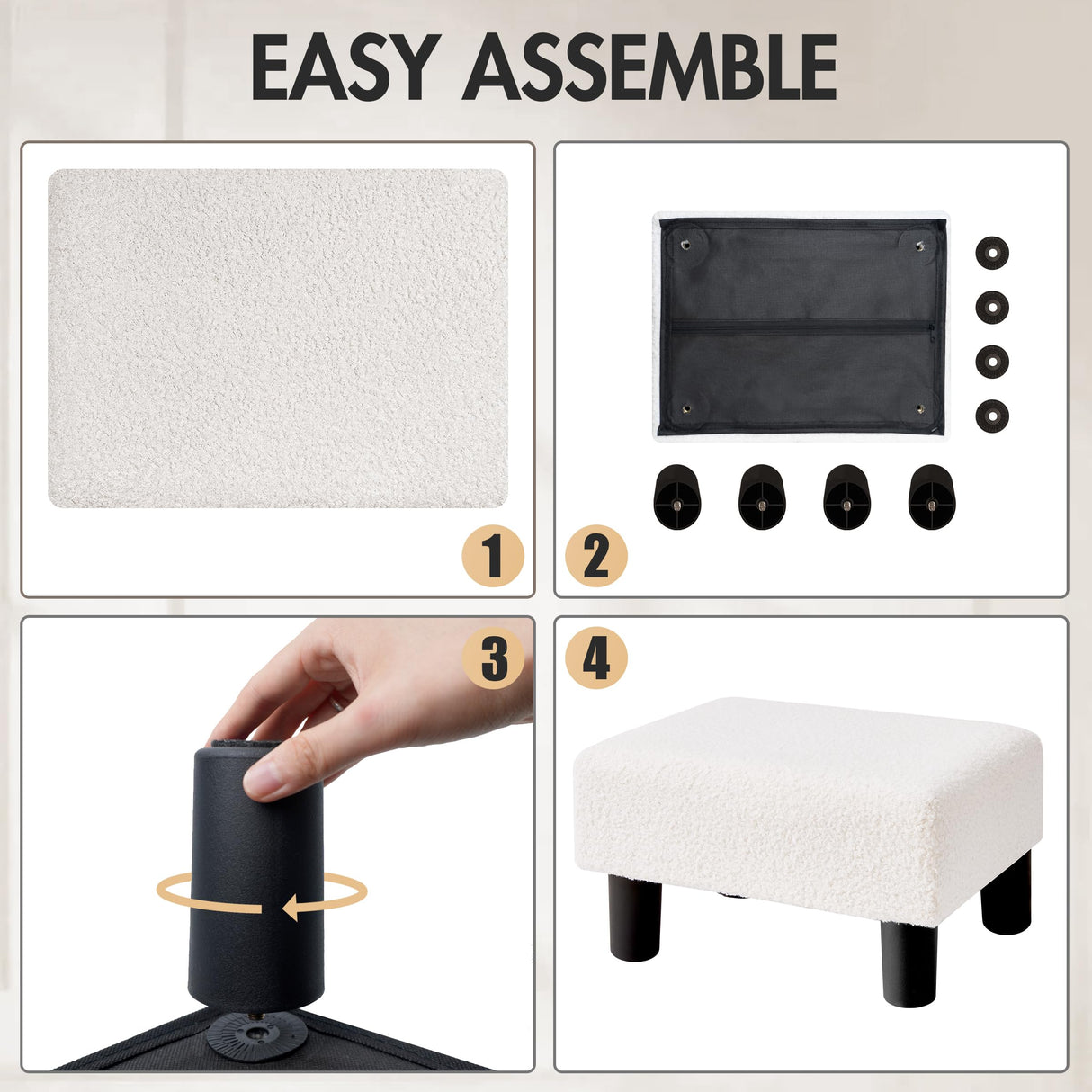 BRIAN & DANY Small Foot Stool Ottoman, Footstool with Legs, Teddy Velvet Foot Rest for Living Room, Bedroom and Office, White BRIAN & DANY