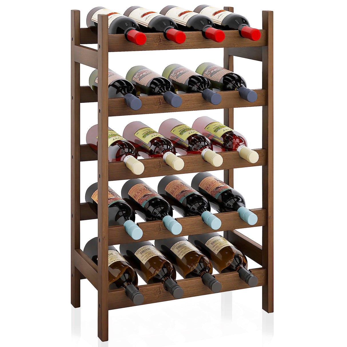 SMIBUY Bamboo Wine Rack, 20 Bottles Display Holder, 5-Tier Free Standing Storage Shelves for Kitchen, Pantry, Cellar, Bar (Walnut) SMIBUY