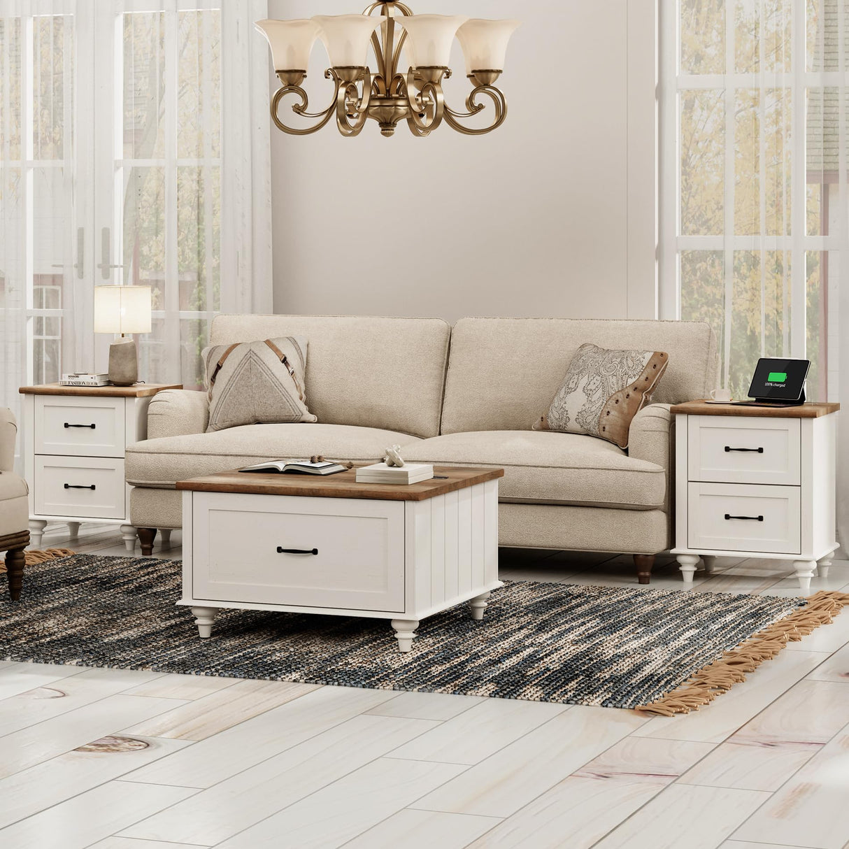 WAMPAT White Coffee Table with Lift Top & Drawer, Square Wood Center Table with Hidden Storage Compartment, Farmhouse Coffee Table for Living Room, 30 Inch WAMPAT