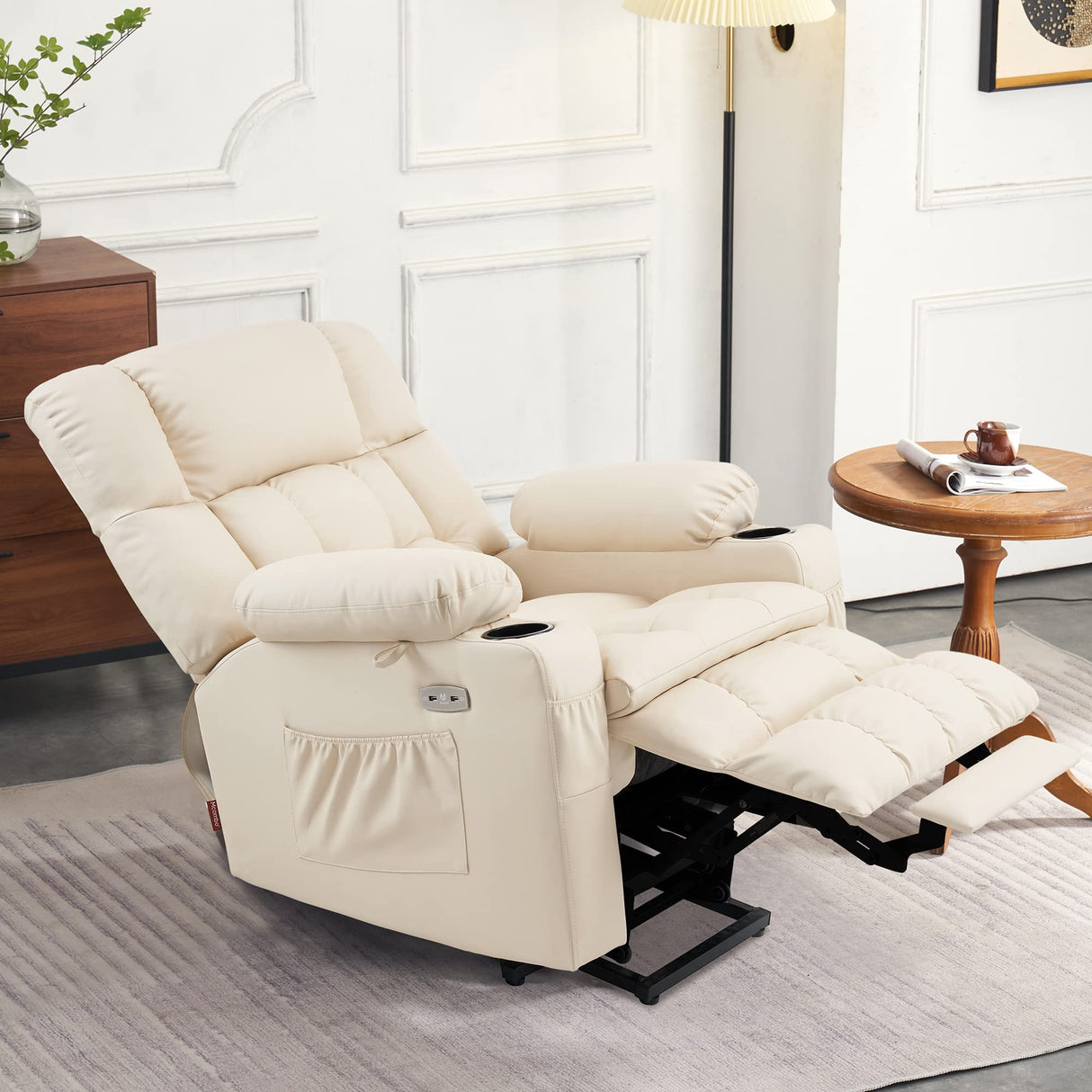 MCombo Dual Motor Power Lift Recliner Chair for Elderly, Infinite Position Lay Flat Lift Chair with Heat and Massage for Seniors, Cup Holders, Faux Leather 7890 (Cream White, Medium-Regular) MCombo