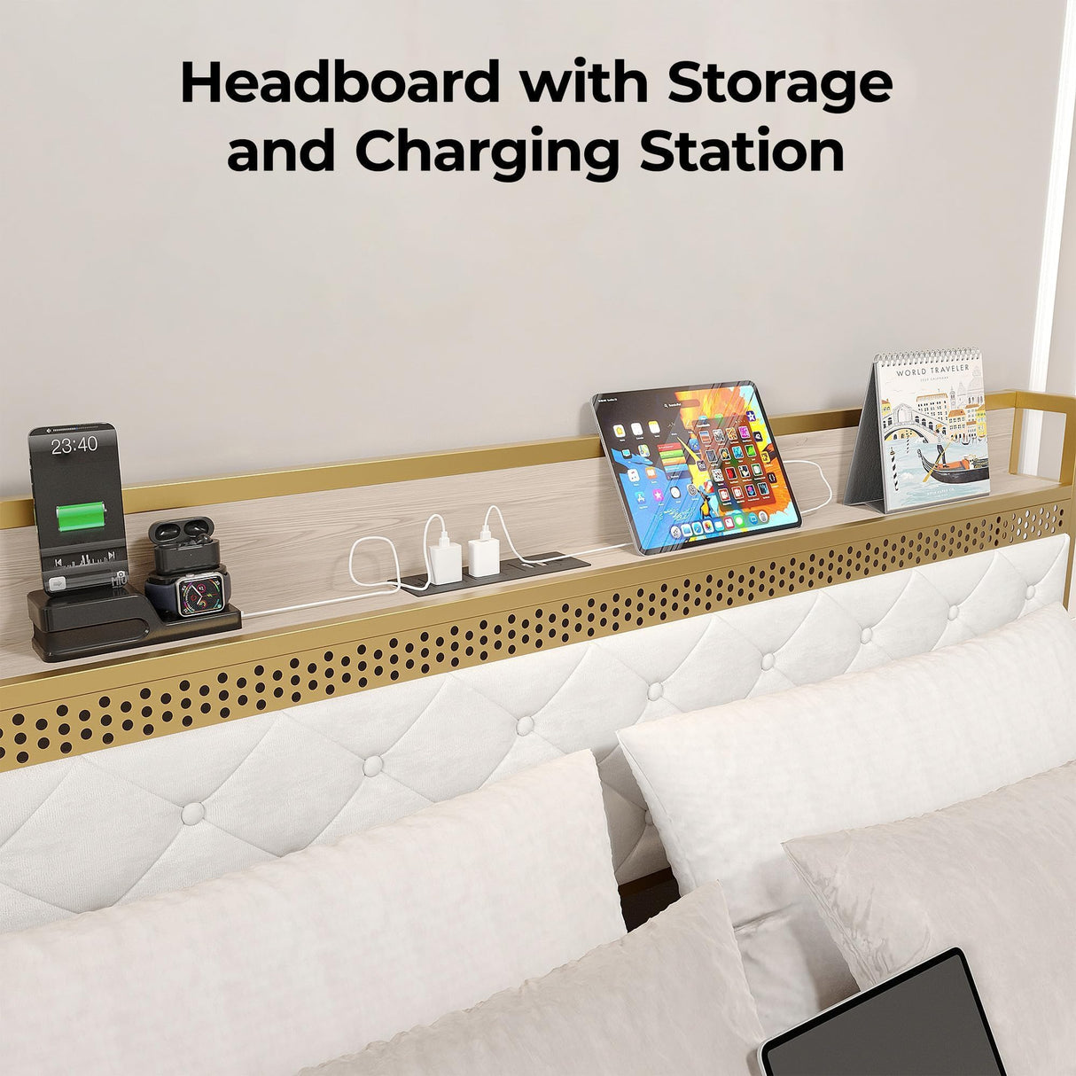 GarveeHome King Bed Frame with 2 Storage Drawers, LED Bed Frame with 2-Tier Storage Headboard&Charging Station, Metal Platform Bed Frame, No Box Spring Needed, Noise Free, White GarveeHome