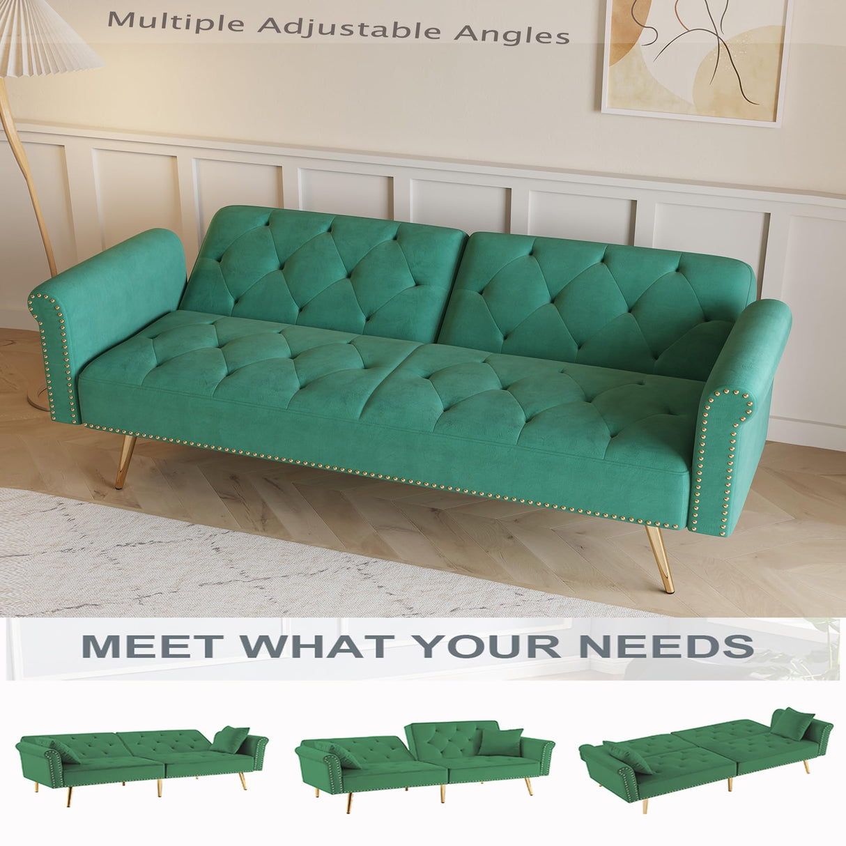Modern Velvet 2 in 1 Futon Sofa Bed,Convertible Folding Sleeper Bed Couches with 2 Pillows,73" Tufted Recliner Love Seat with Golden Chrome Legs for Living Room Apartment Office (Green) Anwick