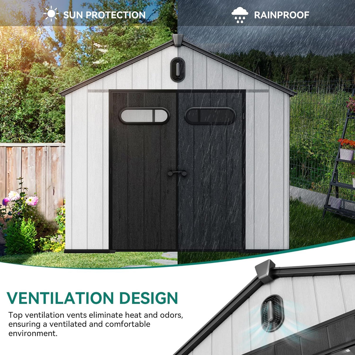 YITAHOME 8x8ft Outdoor Plastic Storage Shed with Floor, 427 cuft Waterproof Garden Shed with Lockable Door, Windows & Vents, Plastic Tool Storage for Patio Furniture, Lawn Mower, Bike Storage, Gray YITAHOME