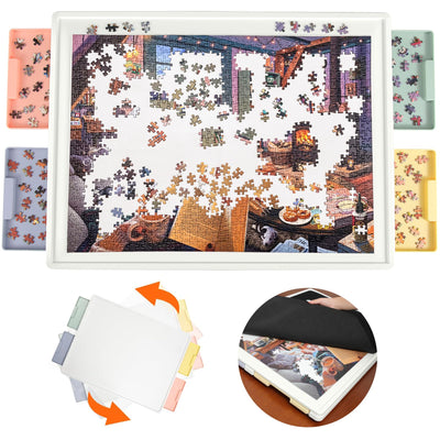 Playboda 1000 Pieces Rotating Plastic Puzzle Board with Drawers and Cover, 30"x22" Portable Jigsaw Puzzle Table for Adults, Lazy Susan Spinning Puzzle Boards