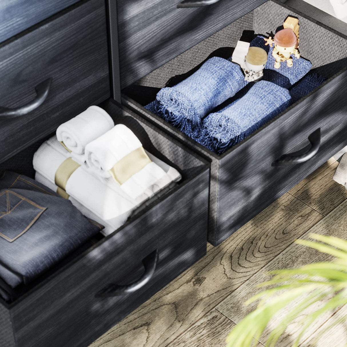 YITAHOME Cloth Dresser with 8 Drawers - Fabric Dresser for Closet, Chester Drawers for Bedroom, Hallway, Closets - Sturdy Steel Frame, Wooden Top & Easy Pull Fabric Bins, Charcoal Black Wood Grain YITAHOME