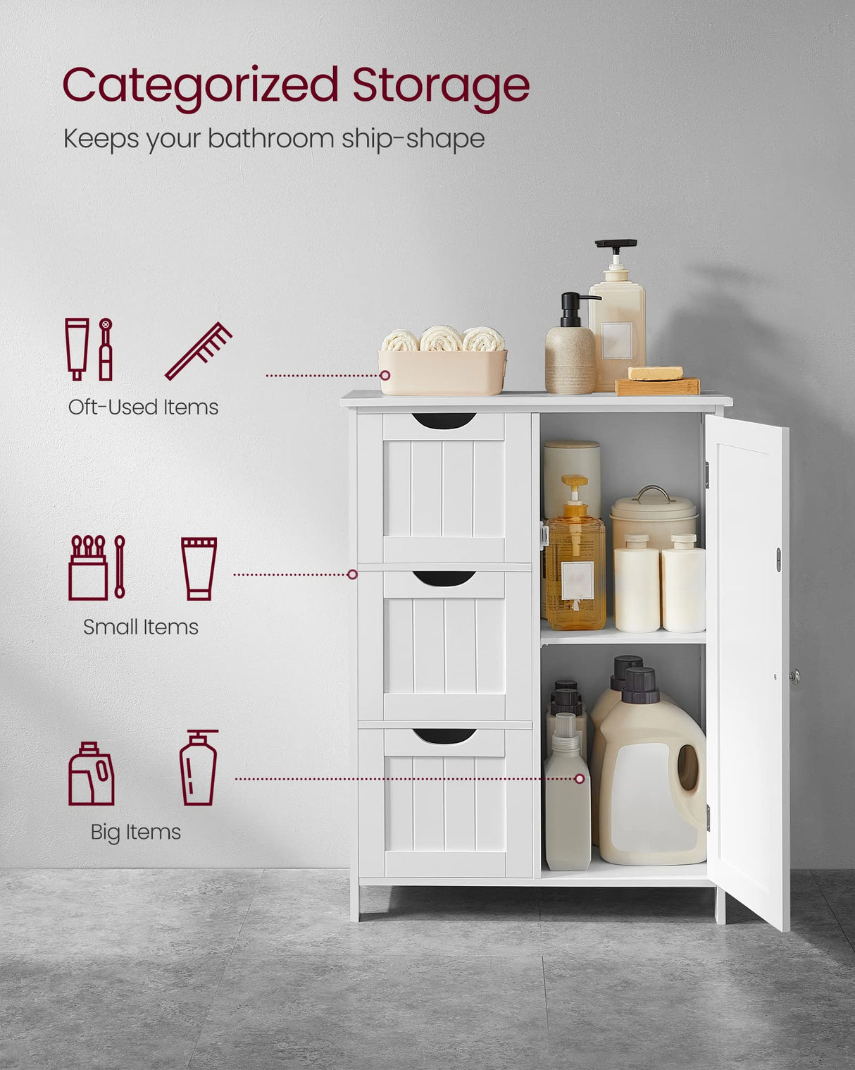 VASAGLE White Bathroom Storage Cabinet with 3 Drawers and Adjustable Shelf, Freestanding Organiser VASAGLE