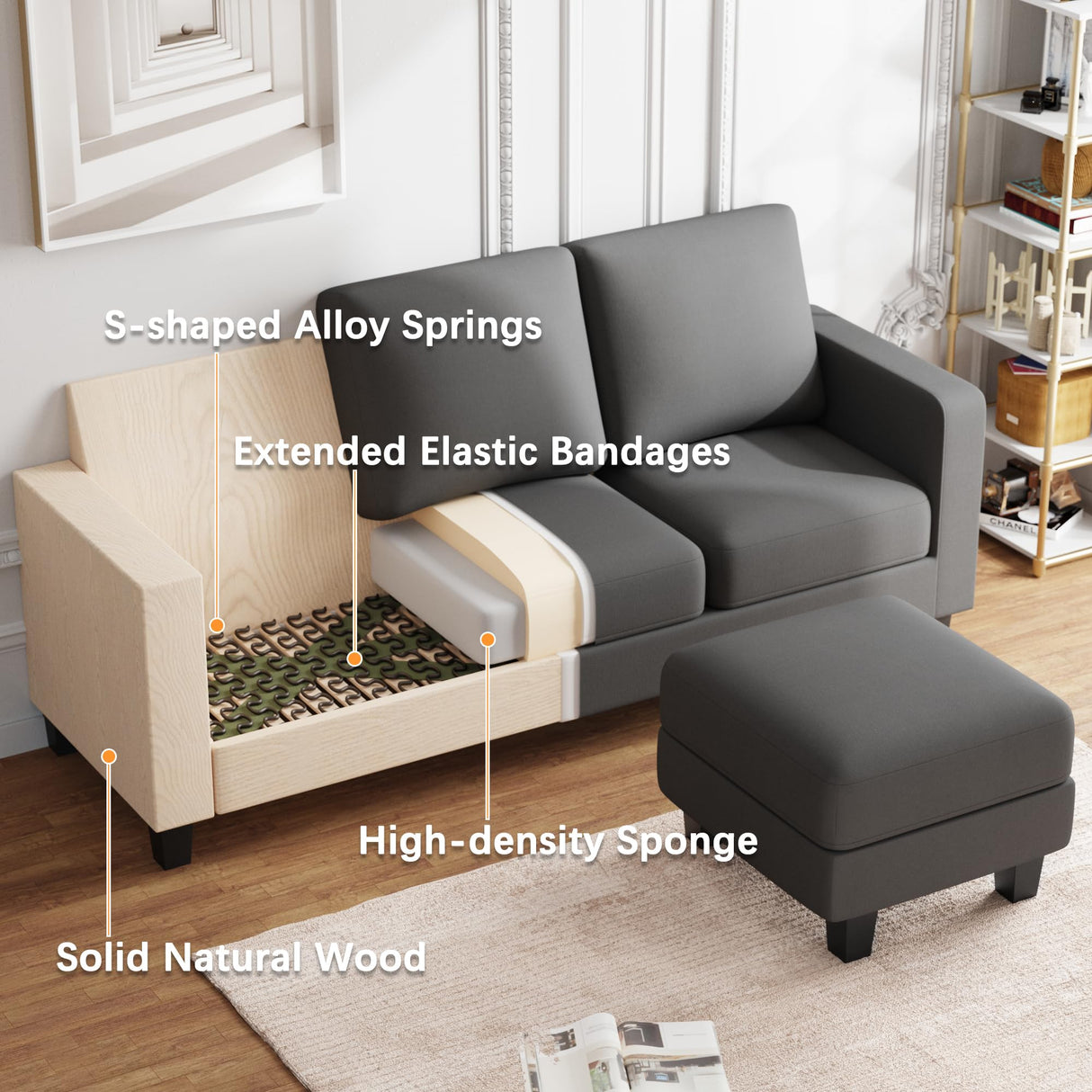 Furniwell Convertible Sectional Sofa Couch, L Shaped 3-Seat Small Couch for Living Room with Ottoman Modern Fabric Reversible Chaise for Apartment and Small Space (Dark Gray) Furniwell