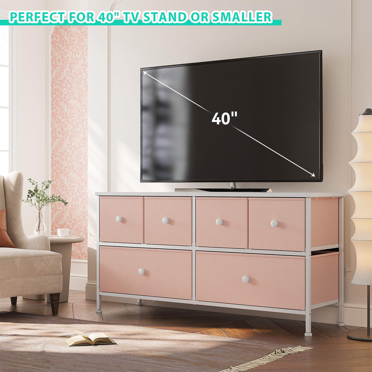 EnHomee Pink Dresser for Bedroom with 6 Drawers, Wide Dressers & Chests of Drawers, Fabric Dresser, TV Stand for Bedroom, Closet, Hallway, Pink EnHomee