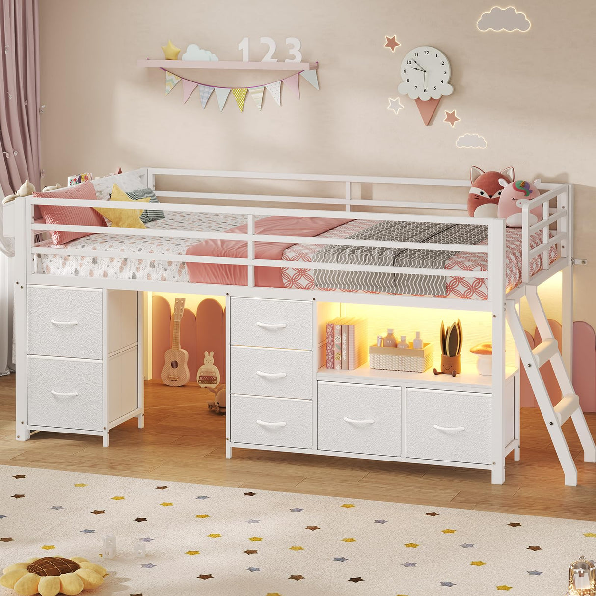 ADORNEVE Low Loft Bed Twin Size with 7 Storage Drawers, Bookcase and LED Lights, Metal Kids Loft Bed with 14" H Safety Guardrail,Inclined Ladder and Play Curtain, Under-Bed Play Space, White ADORNEVE