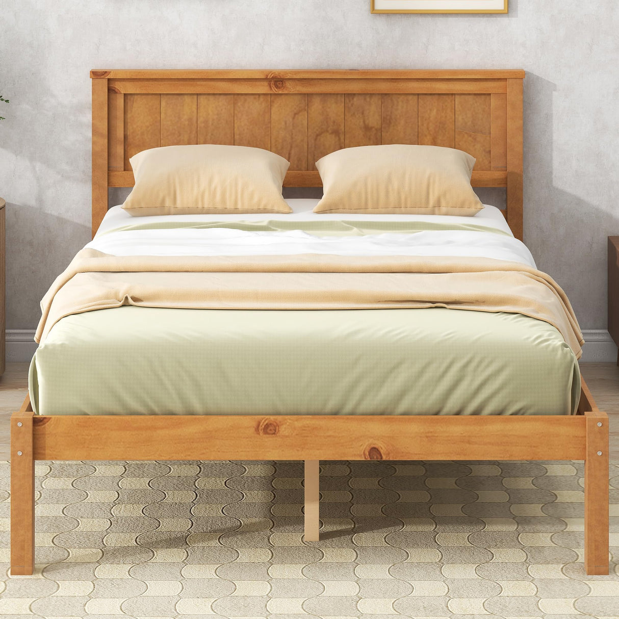P PURLOVE Full Size Bed Frame,Solid Wood Platform Bed with Headboard,No Box Spring Needed,Oak P PURLOVE