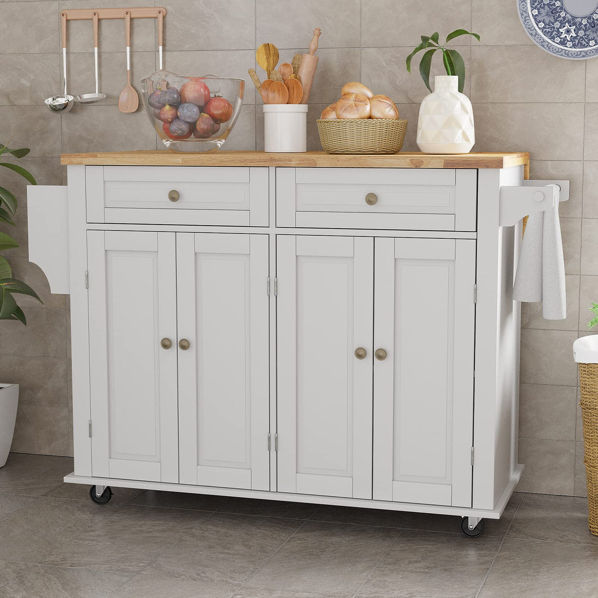 Rolling Kitchen Island with Drop Leaf – Movable Kitchen Carts on Wheels Island with Storage Cabinet, Island Table for Kitchen with Rubber Wood Top and Rack and Drawers, Matte, White Gitua