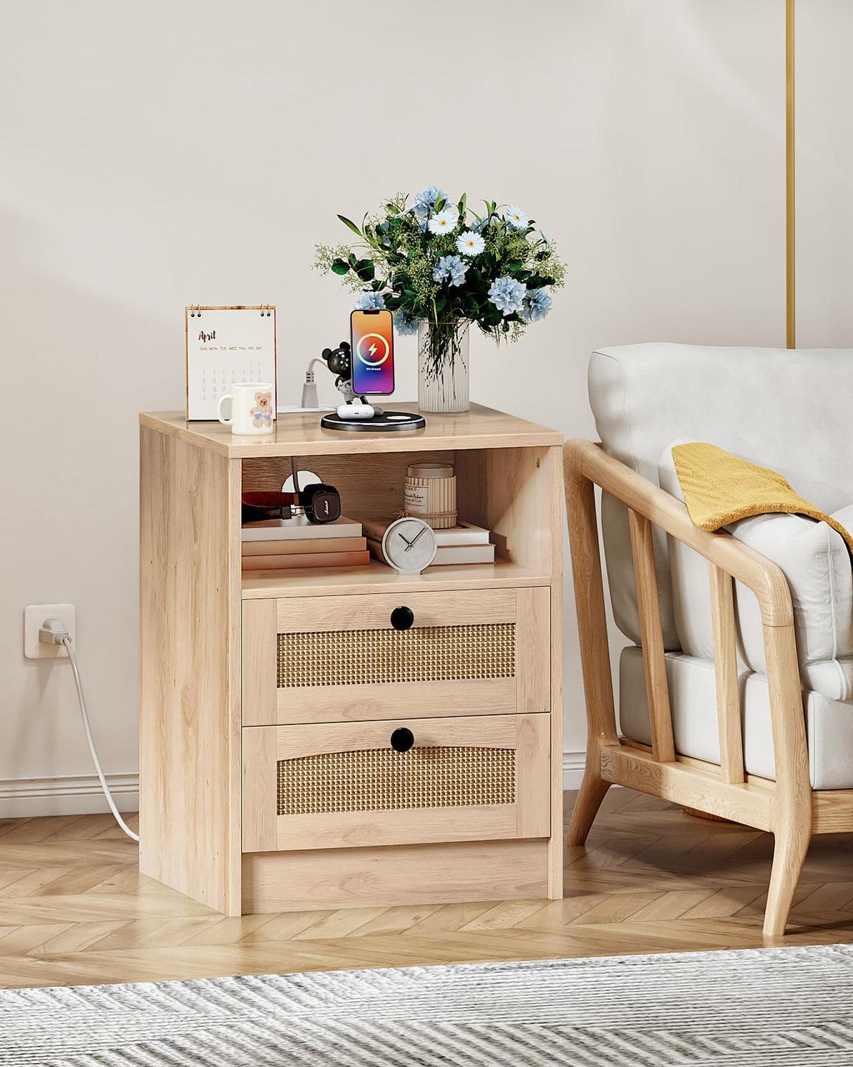 CHOEZON Rattan Nightstand, Boho Side Table, Bedside Table with Charging Station and 2 Drawers, Engineered Wood End Table, for Bedroom, Study, Natural MBZ07UNL CHOEZON