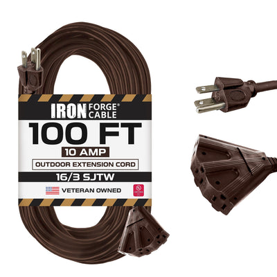 Iron Forge Cable 100 Ft Brown Extension Cord with 3 Outlets,16/3 SJTW Heavy Duty Outdoor Extension Cord, Multiple Outlets, 3 Prongs, Weatherproof Cable for Appliances, Garden, Lawn, Lights Decoration