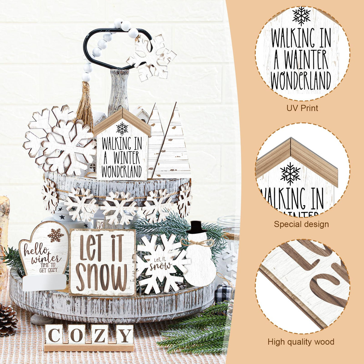GlikCeil 19 Pcs Neutral Winter Tiered Tray Decor Sets Cozy Snowflakes Wooden Signs Tiered Tray Decor Rustic Farmhouse Decoration for Winter Xmas Home Tabletop(Rustic) GlikCeil