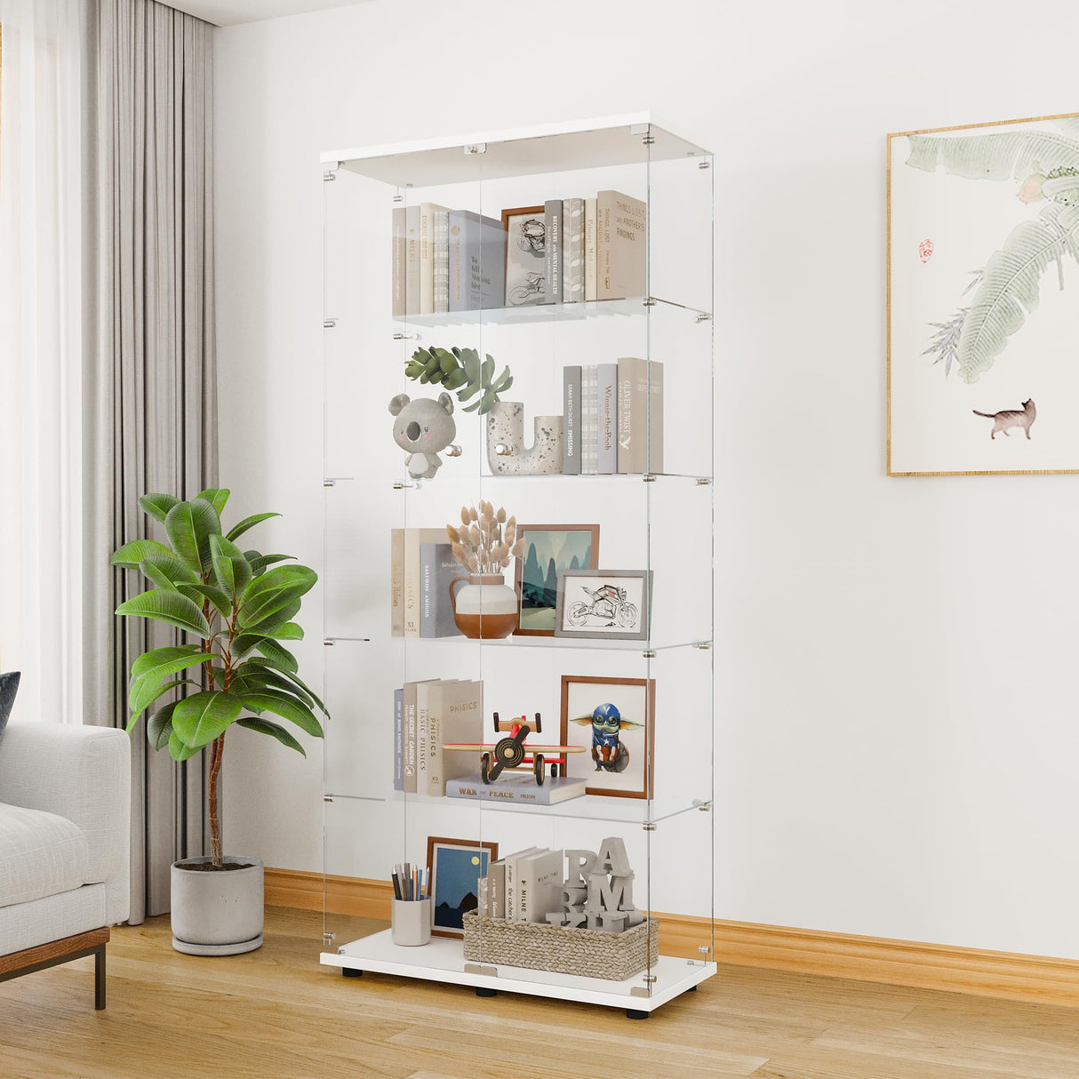 LFT HUIMEI2Y Glass Display Cabinet 5-Shelf with 2 Doors and Lock, Curio Cabinets Upgraded Quick-Install Style Tempered Glass Floor Standing Bookshelf for Living Room, Bedroom, Kitchen White LFT HUIMEI2Y