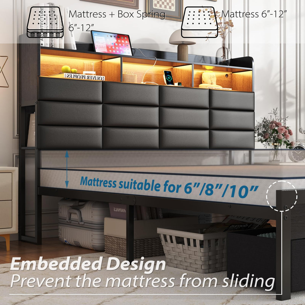 Etditrnp Queen Bed Frame with Storage Headboard, Upholstered Black Bed Frame with 4 Drawers, LED Lights, and Charging Station, Heavy-Duty Metal Slats Support, Noise-Free Etditrnp