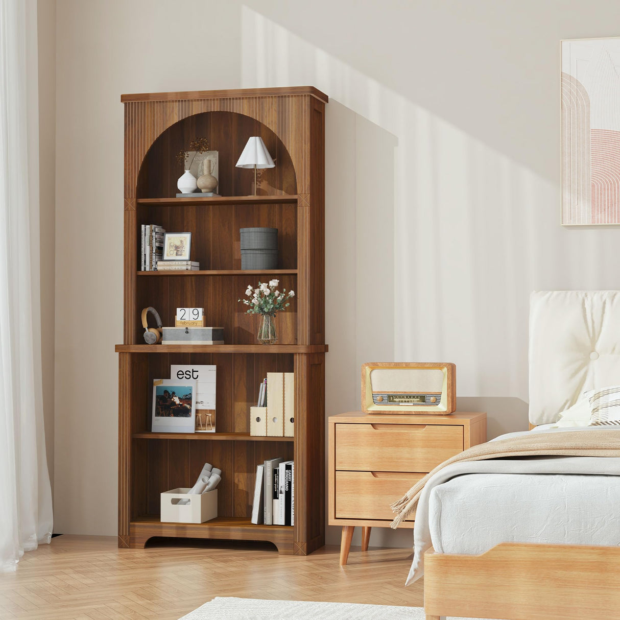 Janmer Home 71'' Tall Arched Bookshelf, Mid Century Modern Curved Bookcase with 5-Tier Storage Shelves, Freestanding Open Display Shelf for Home Office, Living Room (Walnut, 2PC) Janmer Home