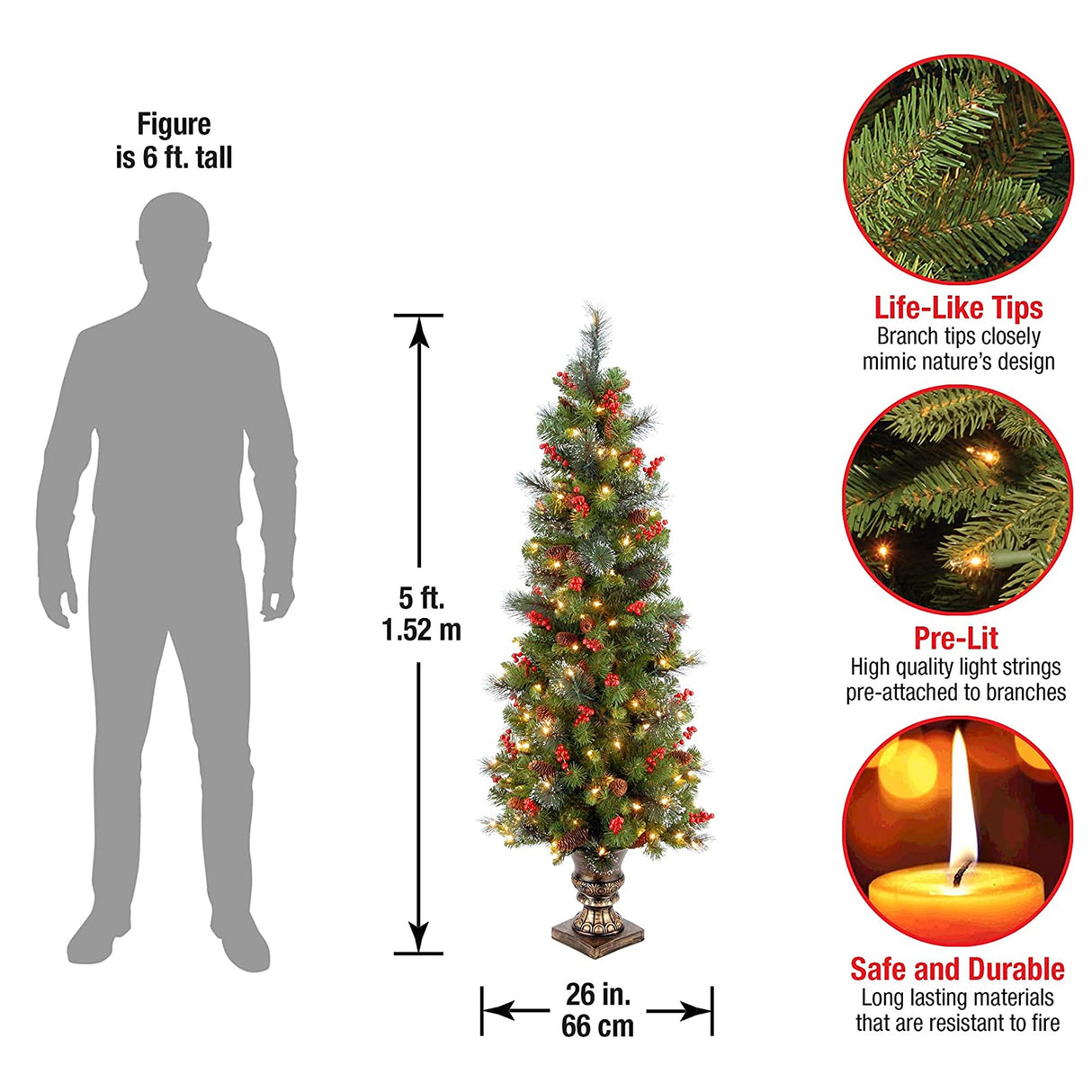 National Tree Company Pre-Lit Artificial Entrance Christmas Tree, Green, Crestwood Spruce, White Lights, Decorated with Pine Cones, Berry Clusters, Frosted Branches, Includes Pot Base, 5 Feet National Tree Company