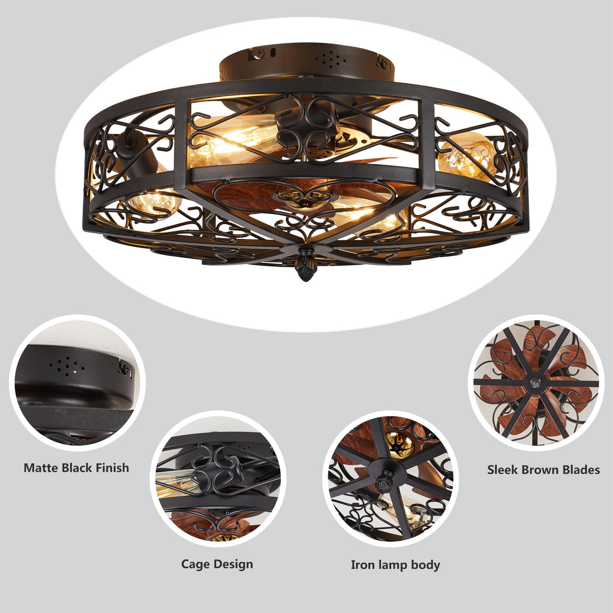 jarensen Rustic Black Caged Flush Mount Ceiling Fans with Lights and Remote Vintage Low Profile Bladeless Ceiling Fan, Reversible Motor, E26 Bulbs, 6 Speeds,for Farmhouse, Living Room, and Bedroom jarensen