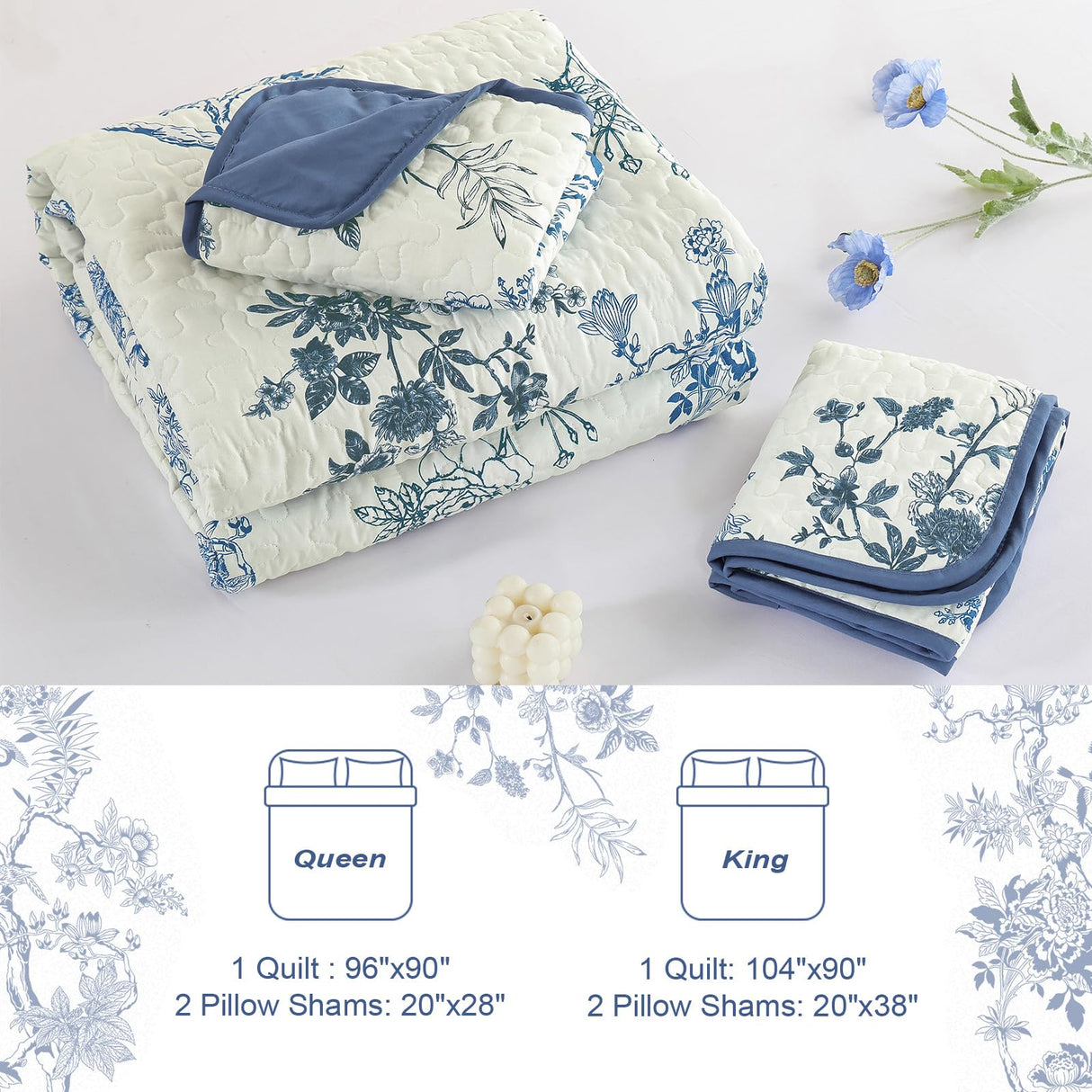 WONGS BEDDING Blue Floral Quilt Set King,Botanical Leaf & Butterfly Pattern Bedspread Coverlet Set,Soft Beautiful Farmhouse Plants Quilts Bedding Set for All Seasons(104"×90") WONGS BEDDING