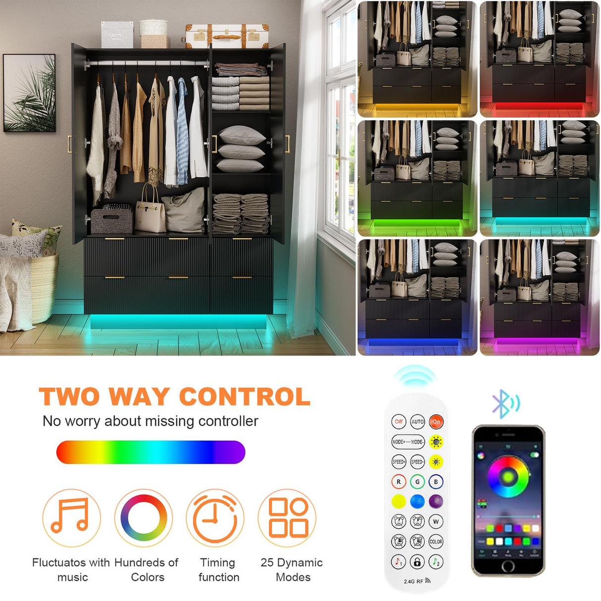 PAKASEPT Large Wardrobe Closet, Armoire Closet with Door and Mirror, LED Lights, Hanging Rod, Drawers, Armoires and Wardrobes for Bedroom (Black) PAKASEPT