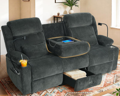 ABCASA 3 Seater Recliner Sofa, Manual Reclining Couch with Flip Middle Backrest, Phone Holder, Side Pocket, Drawer, Power Outlet, Reclining Sleeper for Living Room, Home Theater & RV (Textile - Gray)