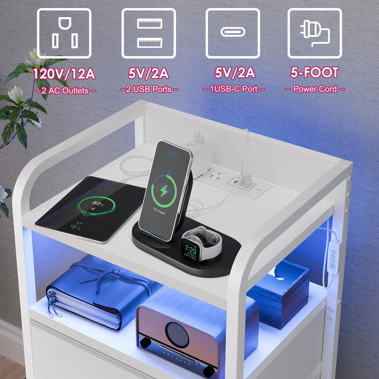 Fixwal Tall Dresser with 5 Drawers for Bedroom, 40 Inch LED Tall Nightstand with Charging Station, Night Stand White Dresser with PU Finish, Bedside Table for Dorm Fixwal