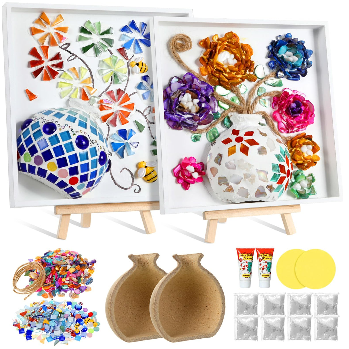Fuyoooo 2 Sets DIY Vase Mosaic Painting Kit DIY Mosaic Arts and Craft Kits Mosaic Tiles DIY Crafts with Vase Flower Mosaic Accessories Creativity Handmade Artwork for Adults Home Decoration Fuyoooo