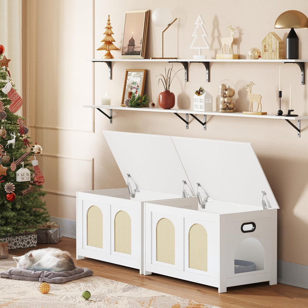 DINZI LVJ Cat Litter Box Enclosure, Flip Top Litter Box Furniture, Rattan-Like Hidden Cat Washroom, Wooden Pet House, End Side Table, 31.5" L x 19.7" W x 19.7" H, Easy to Assemble, White with Rattan DINZI LVJ