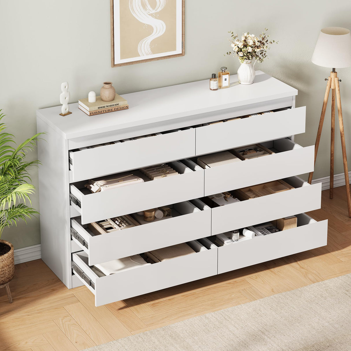 Jocoevol Modern White 8 Drawer Dresser for Bedroom, 15.3" D x 55.2" W x 32.3" H Simply Chest of Drawers, Wood Storage Dresser with Deep Drawers for Living Room Hallway Entryway, White Jocoevol