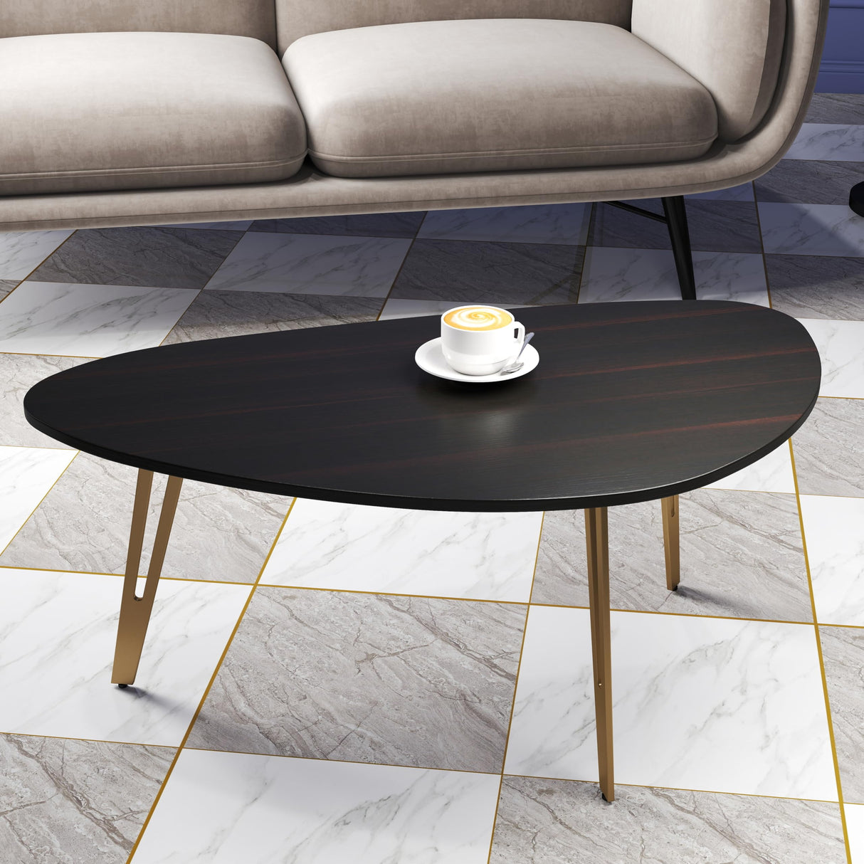 Manora Simple Dark Brown Oval Wood Coffee Table with Gold Legs, Modern Tea Table for Living Room or Office, Cute Small Center Table for Compact Space Manora