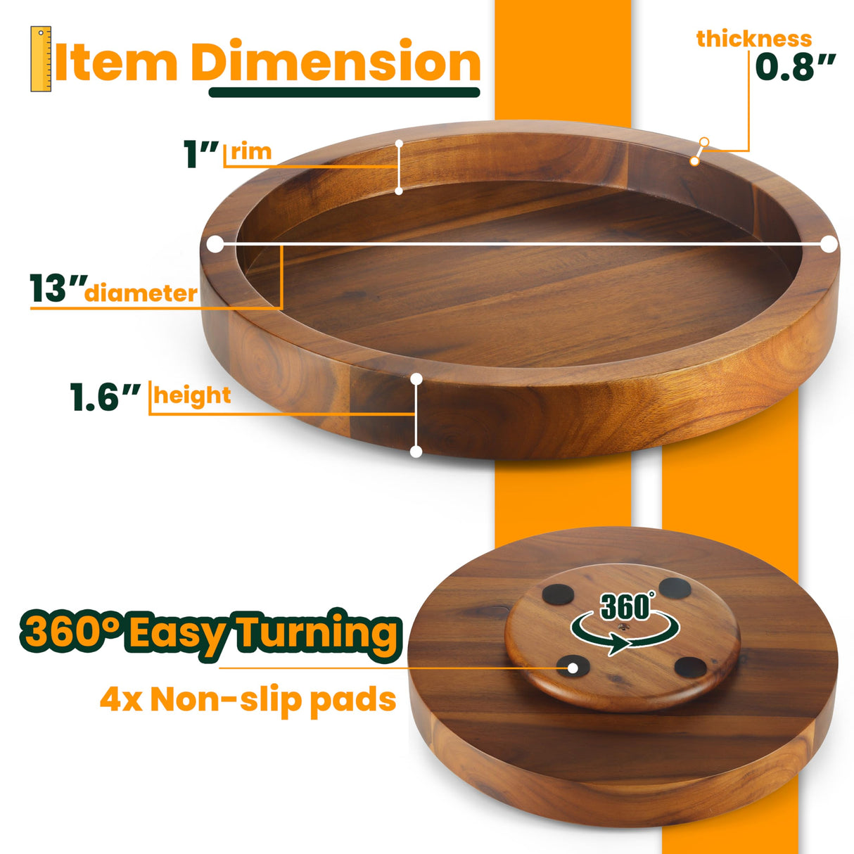 TIDTIA 13" Acacia Wood Lazy Susan Organizer for Cabinet - Round Lazy Susans Turntable for Countertop - Wooden Kitchen Rotating Storage Food Bin Container for Centerpiece Table, Spices, Pantry Tidita