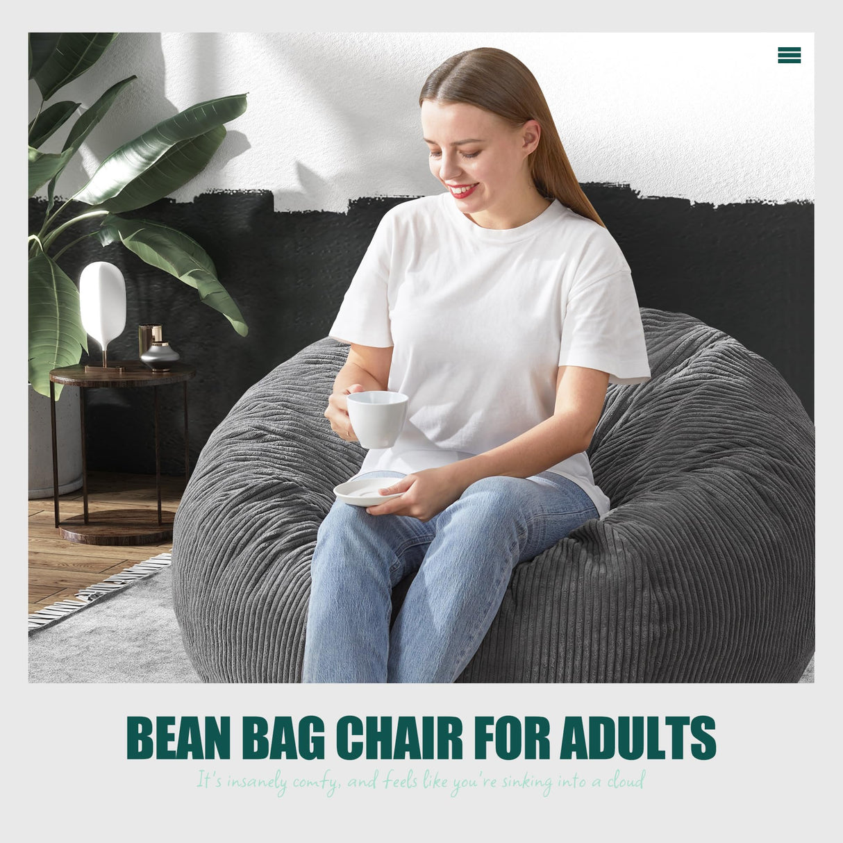 Hobestluk 3.5FT Bean Bag Chair Large Bean Bag with Filler Included Bean Bag Chairs for Adults Teardrop Bean Bag Chair with Removable Cover for Bedroom Living Room - (Large, Grey) Hobestluk