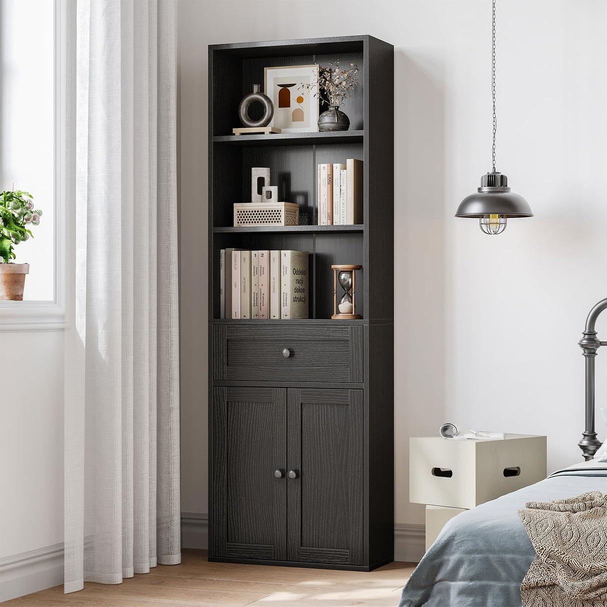 Casaottima Book Shelf & Bookcase with Doors and Drawer, 6-Tier Tall Bookshelf, Floor Standing Display Storage Shelves for Home Office, Living Room, Black Casaottima