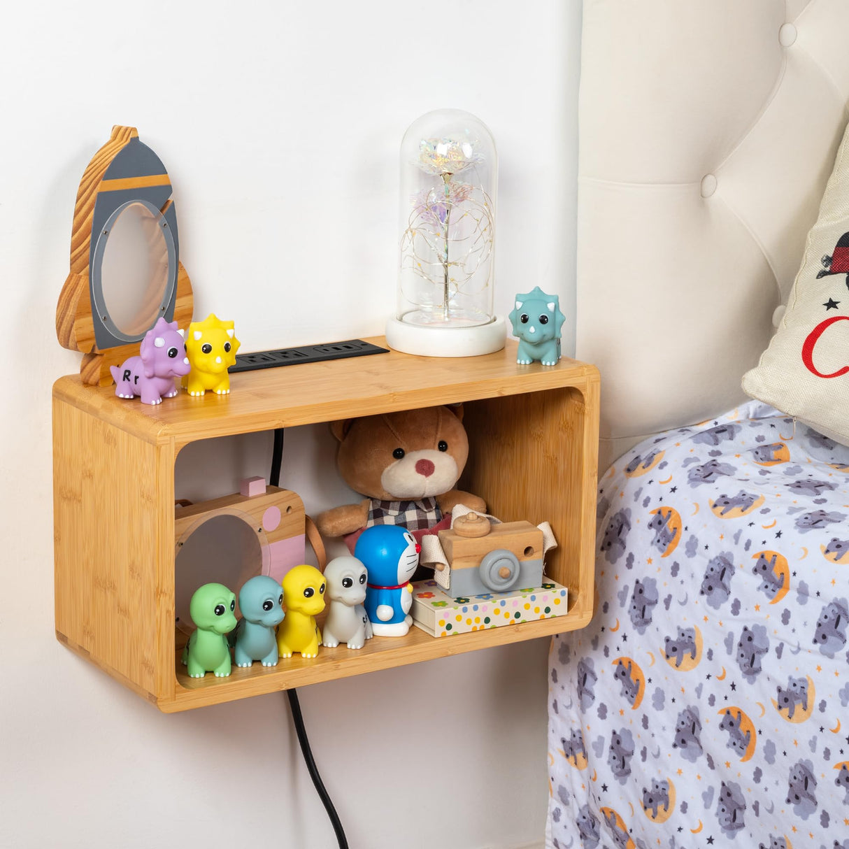 Floating Nightstand Oak Wooden Shelf Wall Mount - Stylish & Minimalistic Bedside Shelf Hanging Charging USB Charger Station Rest Side Table for Bedroom Living Room Office Home Decor (Natural) KAAS HAUS