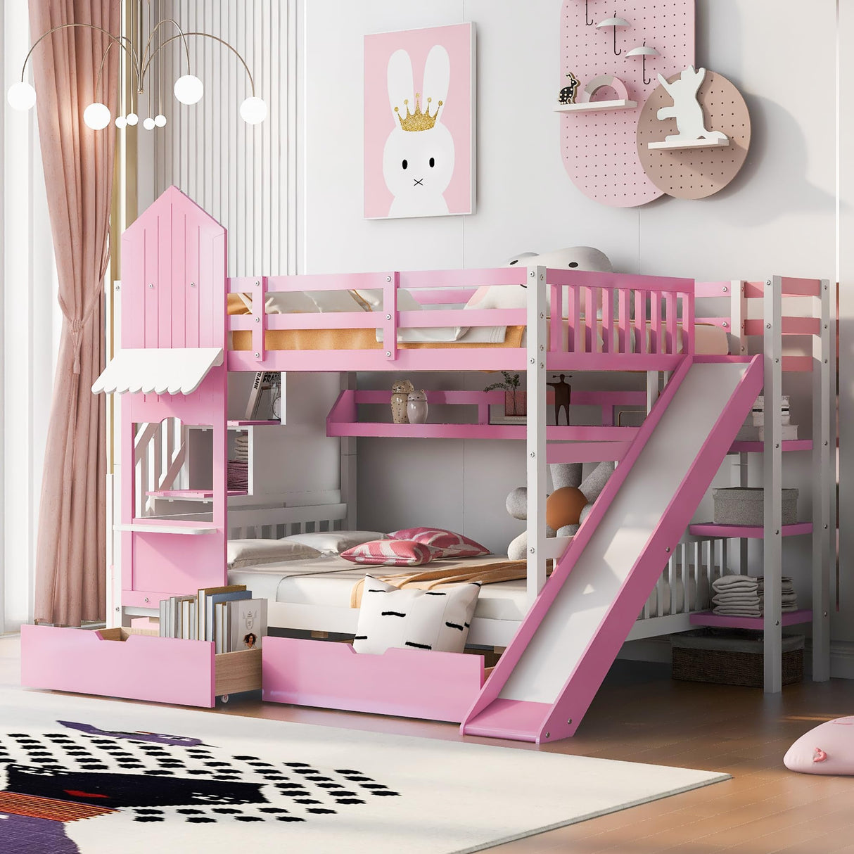 SIYSNKSI Full-Over-Full Castle Style Bunk Bed with 2 Drawers and 3 Shelves, Wood Bunk Bed Frame with Slide and Storage Staircase for Kids Teens Boys Girls, Maximize Space Savings SIYSNKSI