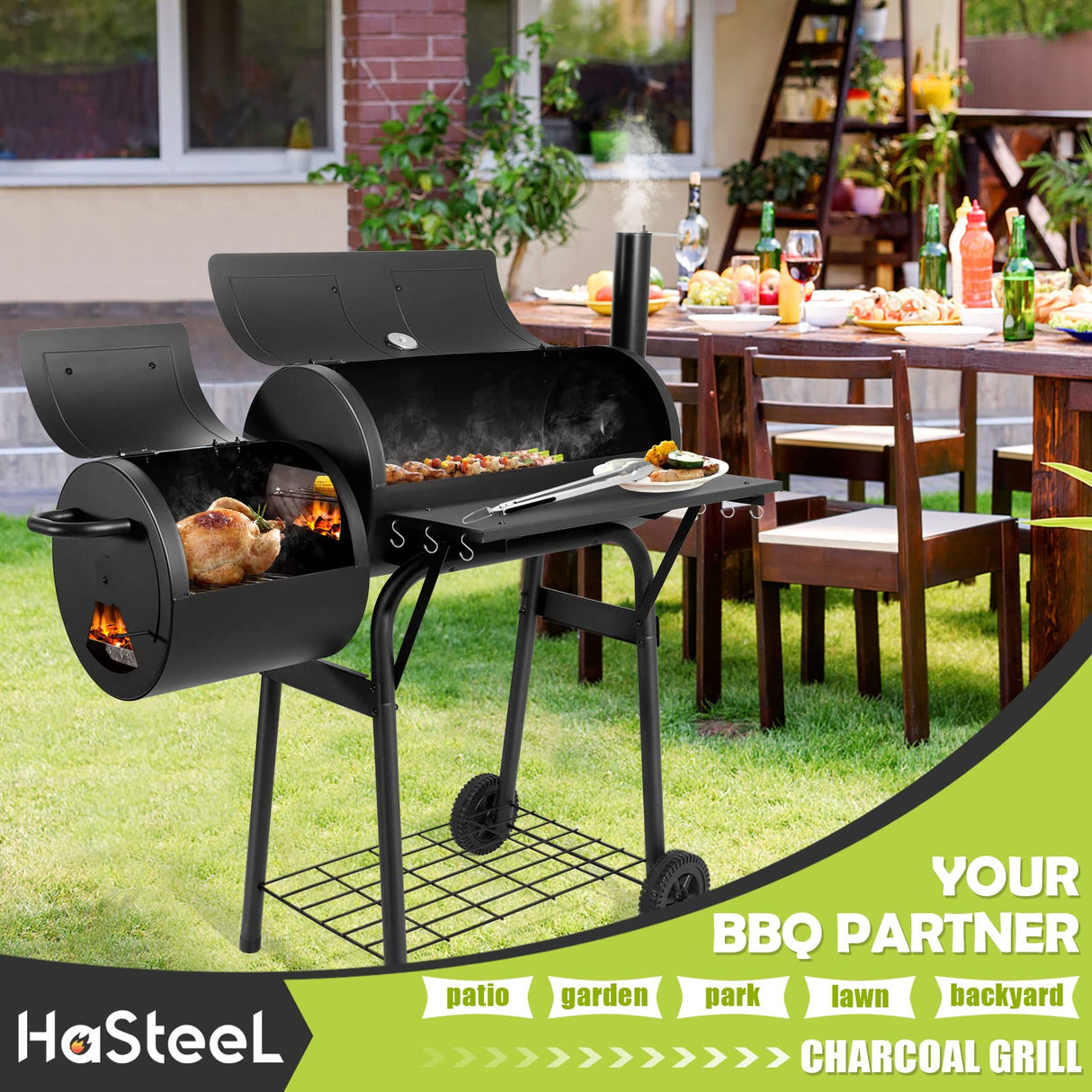 HaSteeL Charcoal Grill with Offset Smoker, Outdoor Barrel BBQ Grill, Camping Barbecue Grill for Patio Backyard Garden Party Picnic, Large 420.SQ.IN Cooking Area, 2 Screwdrivers & 6 Hooks - Black HaSteeL