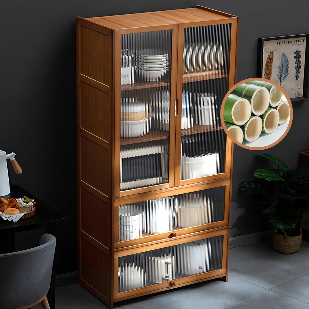 70" Bamboo Farmhouse Kitchen Pantry Cabinet with Acrylic Doors and Multi-Storage Drawers ouioyggk