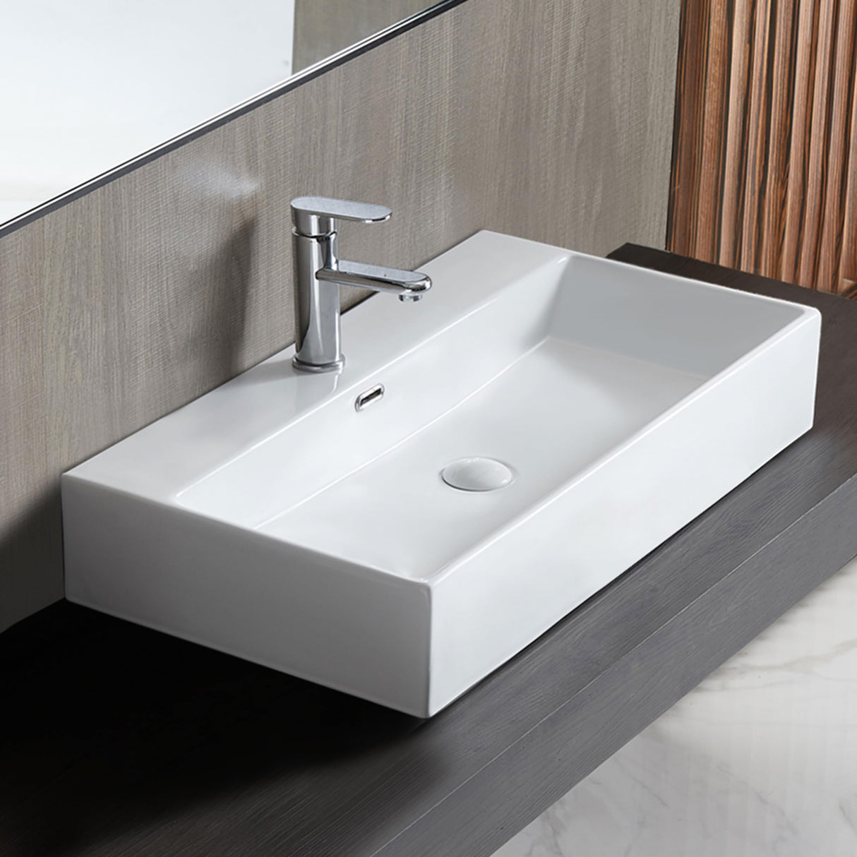Eridanus Bathroom Sink 30" x 16" Rectangular Vessel Sink, Wall Mount Above Counter Vanity Sink, Premium Ceramic White Art Basin with Overflow, Lavatory Trough Floating Washbasin Eridanus